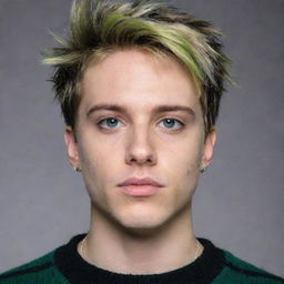 A half-body portrait of an emo guy with short, spiked blonde hair, slight stubble, and small silver earrings. He's wearing a striped green and black oversized sweater, with intense green hunter eyes highlighted by black eyeshadow.