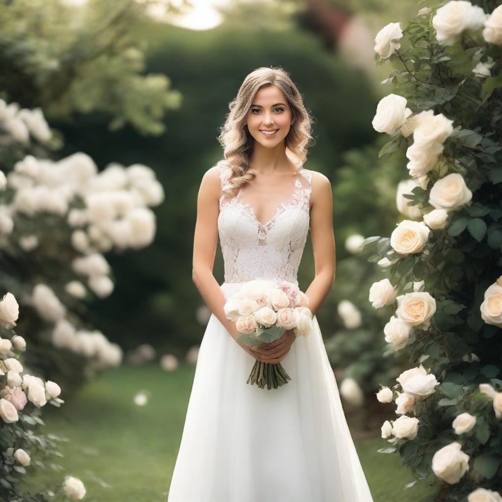 A beautiful bride in a stunning white wedding dress, standing in a picturesque garden filled with blooming flowers