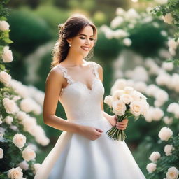 A beautiful bride in a stunning white wedding dress, standing in a picturesque garden filled with blooming flowers