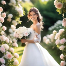 A beautiful bride in a stunning white wedding dress, standing in a picturesque garden filled with blooming flowers