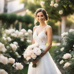 A beautiful bride in a stunning white wedding dress, standing in a picturesque garden filled with blooming flowers