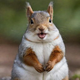 A fat, charming squirrel with oversized, sharp teeth and patches of acne on its fur, sitting playfully.