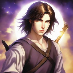 A teenage sorcerer with long brown hair, violet eyes, and a brown beard