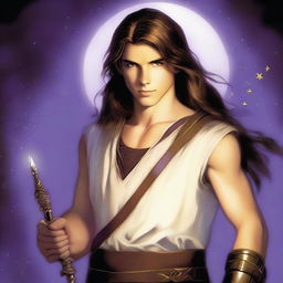 A teenage sorcerer with long brown hair, violet eyes, and a brown beard