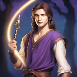 A teenage sorcerer with long brown hair, violet eyes, and a brown beard