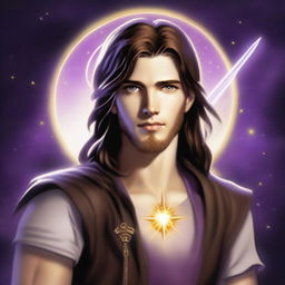 A teenage sorcerer with long brown hair, violet eyes, and a brown beard