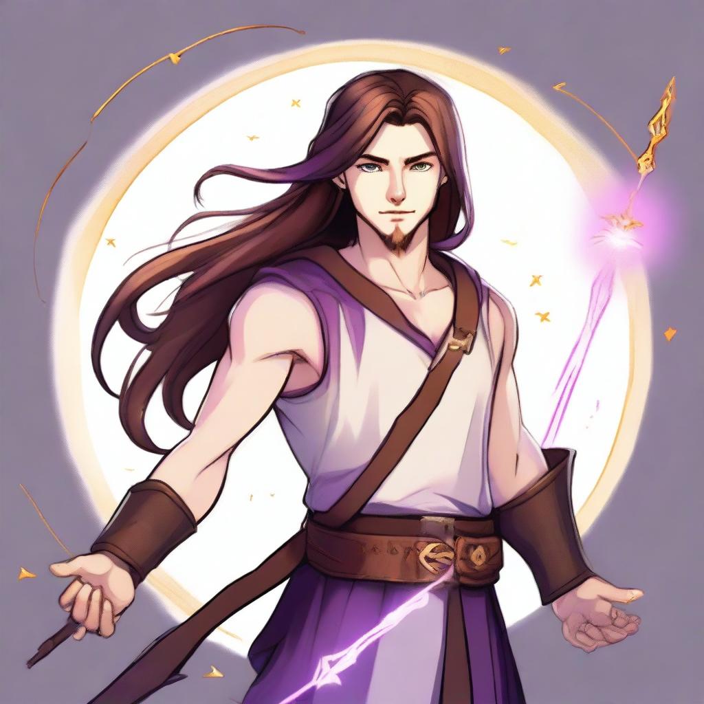 A detailed drawing of a white-skinned teen sorcerer with long brown hair, violet eyes, and a brown beard