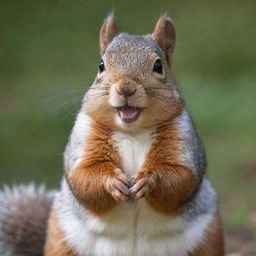 A fat, charming squirrel with oversized, sharp teeth and patches of acne on its fur, sitting playfully.