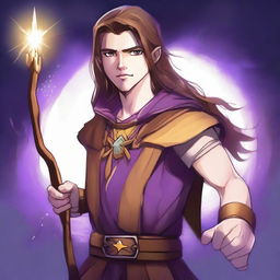 A detailed drawing of a white-skinned teen sorcerer with long brown hair, violet eyes, and a brown beard