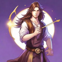 A detailed drawing of a white-skinned teen sorcerer with long brown hair, violet eyes, and a brown beard