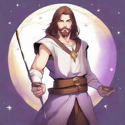 A detailed drawing of a white-skinned teen sorcerer with long brown hair, violet eyes, and a brown beard