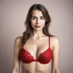 A Russian woman wearing a red bra, standing confidently with a neutral background