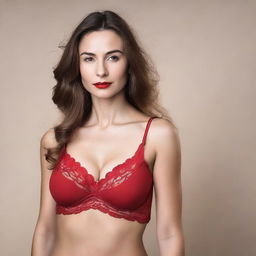 A Russian woman wearing a red bra, standing confidently with a neutral background