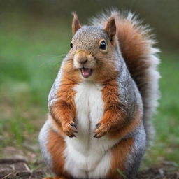 A fat, charming squirrel with oversized, sharp teeth and patches of acne on its fur, sitting playfully.