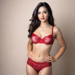 A beautiful girl wearing a red bra and panties, posing gracefully with a neutral background