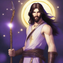 A teenage sorcerer with long brown hair, violet eyes, and a brown beard