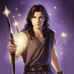 A teenage sorcerer with long brown hair, violet eyes, and a brown beard