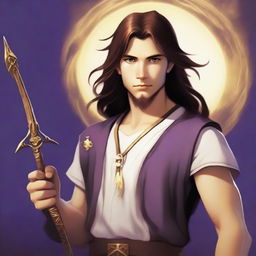 A teenage sorcerer with long brown hair, violet eyes, and a brown beard