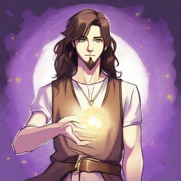 A drawing of a teenage sorcerer with long brown hair, violet eyes, and a brown beard