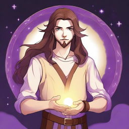 A drawing of a teenage sorcerer with long brown hair, violet eyes, and a brown beard