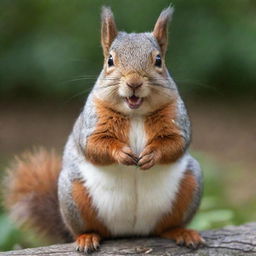 A fat, charming squirrel with oversized, sharp teeth and patches of acne on its fur, sitting playfully.