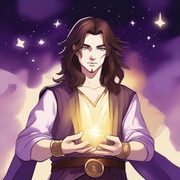 A drawing of a teenage sorcerer with long brown hair, violet eyes, and a brown beard