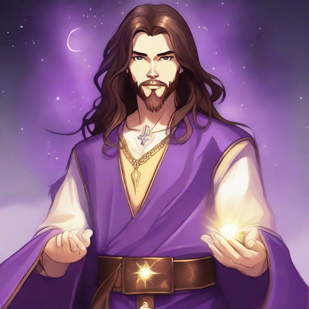 A drawing of a teenage sorcerer with long brown hair, violet eyes, and a brown beard