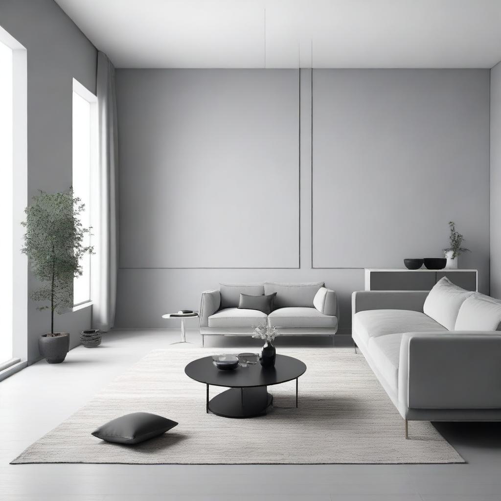 A minimalist unicolor interior decoration featuring sleek furniture, clean lines, and a monochromatic color scheme