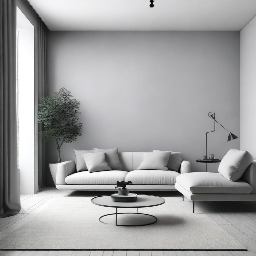 A minimalist unicolor interior decoration featuring sleek furniture, clean lines, and a monochromatic color scheme