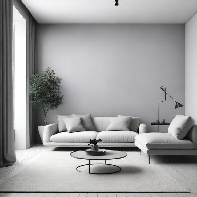 A minimalist unicolor interior decoration featuring sleek furniture, clean lines, and a monochromatic color scheme