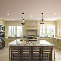 An intricately designed, spacious kitchen detailing the dimensions: ceiling height, countertop length and width, size of the center island, distance between appliances. Features include stainless steel appliances, marble countertops, and ambient lighting fixtures.