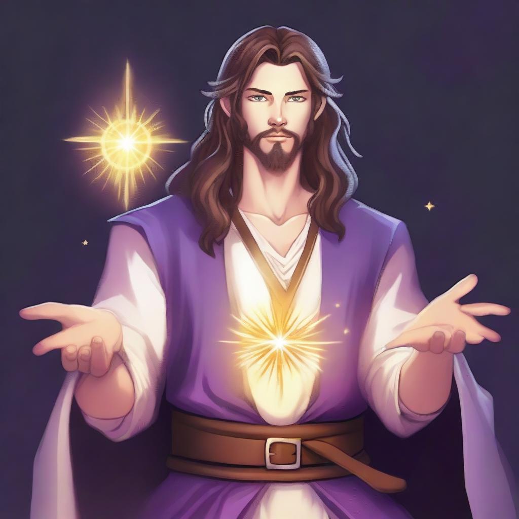 A detailed drawing of a white-skinned teen sorcerer with long brown hair, violet eyes, and a brown beard