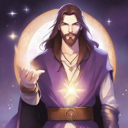 A detailed drawing of a white-skinned teen sorcerer with long brown hair, violet eyes, and a brown beard