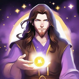 A detailed drawing of a white-skinned teen sorcerer with long brown hair, violet eyes, and a brown beard