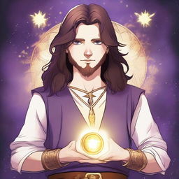 A detailed drawing of a white-skinned teen sorcerer with long brown hair, violet eyes, and a brown beard