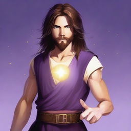 A teenage sorcerer with long brown hair, violet eyes, and a brown beard