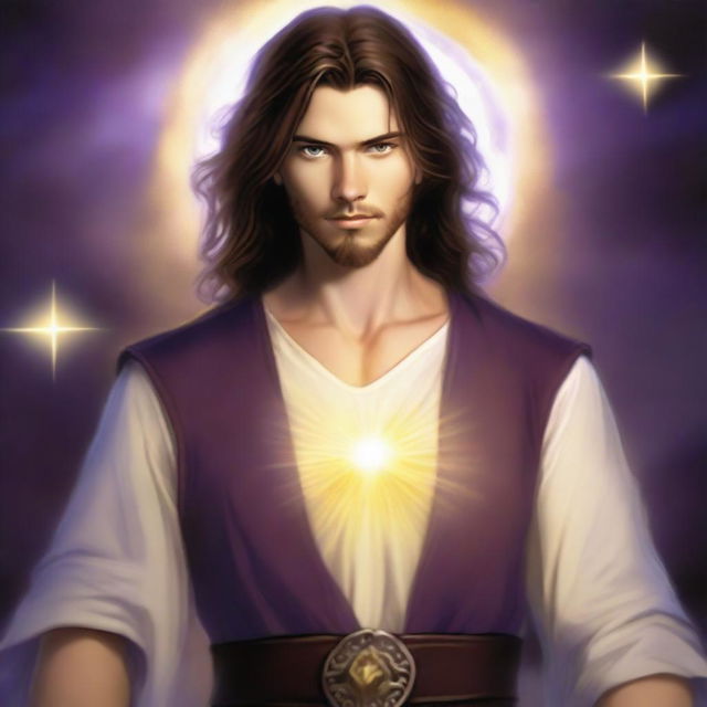 A teenage sorcerer with long brown hair, violet eyes, and a brown beard