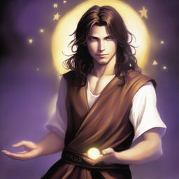 A teenage sorcerer with long brown hair, violet eyes, and a brown beard