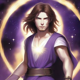 A teenage sorcerer with long brown hair, violet eyes, a brown beard, and white skin