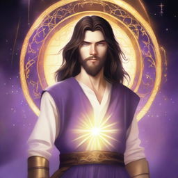 A teenage sorcerer with long brown hair, violet eyes, a brown beard, and white skin