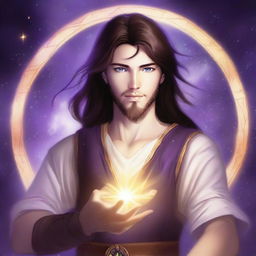 A teenage sorcerer with long brown hair, violet eyes, a brown beard, and white skin