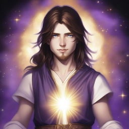 A teenage sorcerer with long brown hair, violet eyes, a brown beard, and white skin