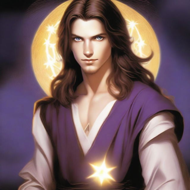 A teenage sorcerer with long brown hair, violet eyes, and a brown beard