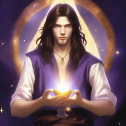 A teenage sorcerer with long brown hair, violet eyes, and a brown beard