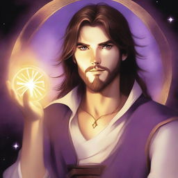 A teenage sorcerer with long brown hair, violet eyes, and a brown beard