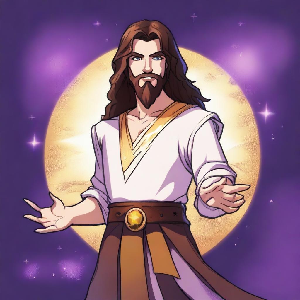 A cartoon drawing of a white-skinned teen sorcerer with long brown hair, violet eyes, and a brown beard