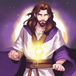 A cartoon drawing of a white-skinned teen sorcerer with long brown hair, violet eyes, and a brown beard