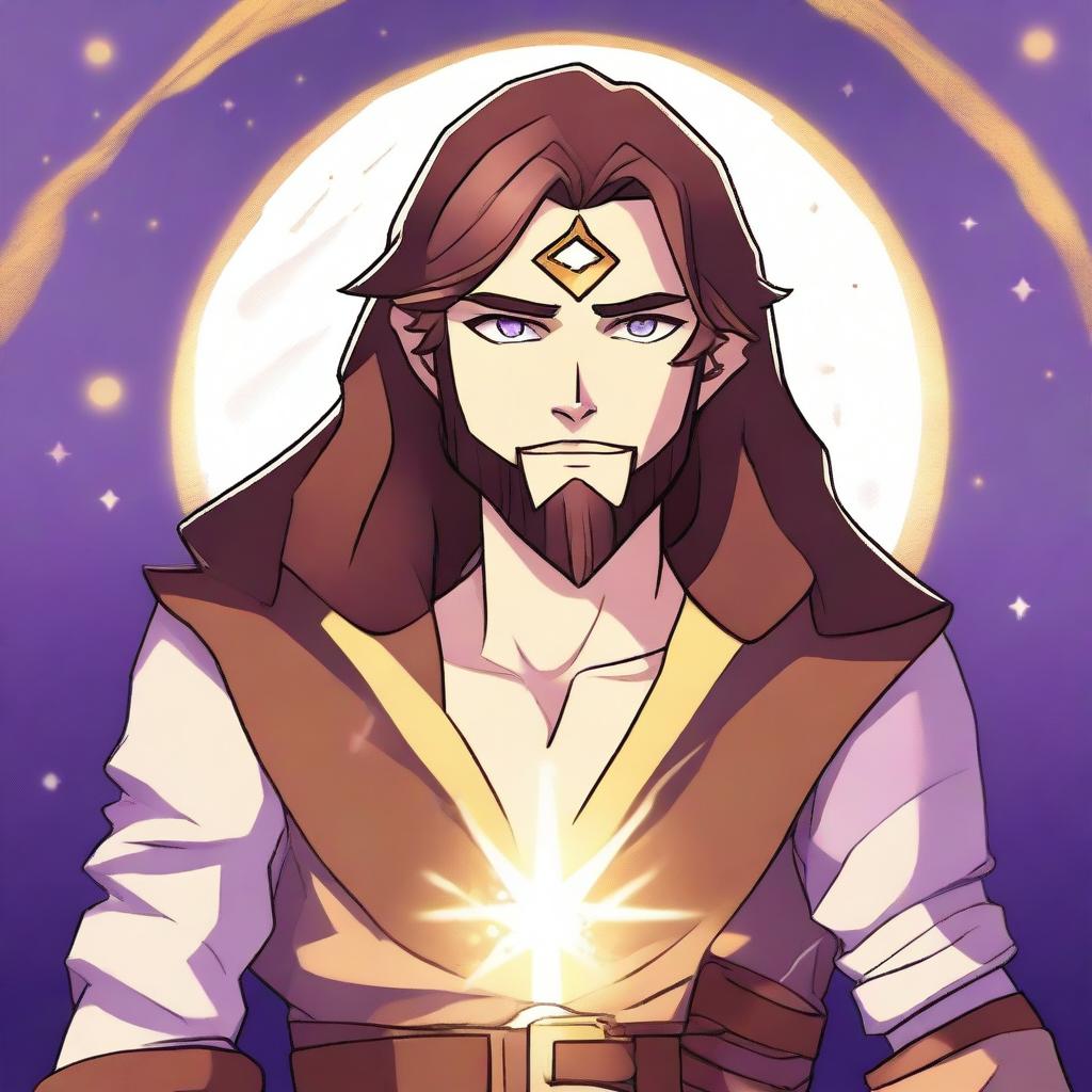 A cartoon drawing of a white-skinned teen sorcerer with long brown hair, violet eyes, and a brown beard