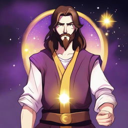 A cartoon drawing of a white-skinned teen sorcerer with long brown hair, violet eyes, and a brown beard