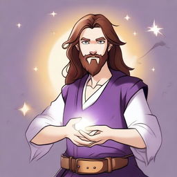 A cartoon drawing of a white-skinned teen sorcerer with long brown hair, violet eyes, and a brown beard